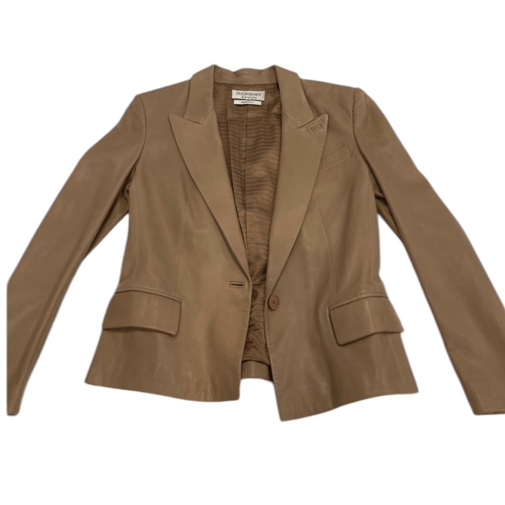 VTG Yves Saint Laurent YSL Tan Beige Leather Single Breasted Blazer Jacket • 40 - Picture 6 of 10